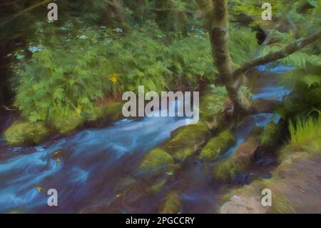 La peinture numérique de l'eau de semis a tourné blanc laiteux par une longue exposition car elle coule autour des roches couvertes de mousse verte et brune. Banque D'Images