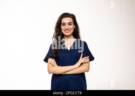 Profil photo de la famille attrayante doc femme patients consultation sympathique sourire fiable Virologie clinique bras croisés porter blanc blouse stethosco Banque D'Images