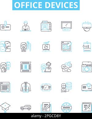 Jeu d'icônes de ligne vectorielle pour les périphériques de bureau. Imprimantes, copieurs, ordinateurs, moniteurs, scanners, Les télécopies, les téléphones sont illustrés par des symboles et des panneaux de concept Illustration de Vecteur