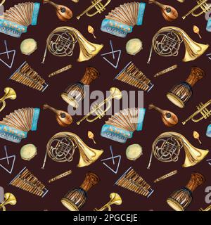 Instruments de musique aquarelle à motif sans couture isolée à l'obscurité. Instruments de musique folklorique, corne, accordéon, xylophone dessiné à la main. Elément de conception pour Banque D'Images