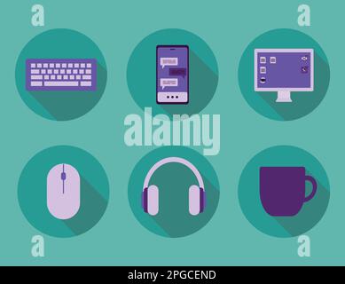 Icône plate Home Workplace en violet et bleu. Attributs commerciaux et indépendants. Illustration vectorielle