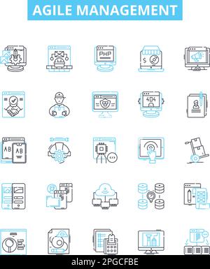 Jeu d'icônes de ligne de vecteur de gestion agile. Agile, gestion, processus, produit, développement, La mêlée, l'illustration de l'équipe, présente les symboles et les affiches du concept Illustration de Vecteur