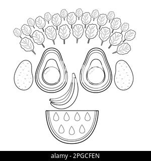 Noir et blanc drôle visage de fruits et légumes souriant. Page de coloriage de nourriture drôle Illustration de Vecteur