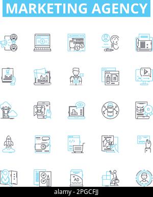 Jeu d'icônes de ligne vectorielle d'agence marketing. Agence, Marketing, Publicité, numérique, social, Médias, illustration FP, symboles et signes de concept Illustration de Vecteur