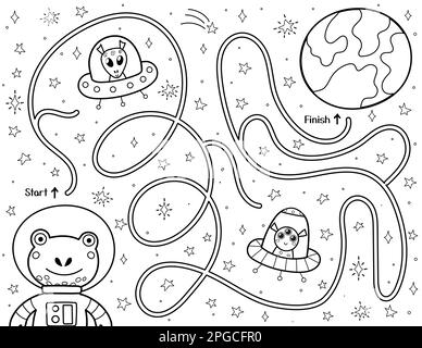 Aidez la jolie grenouille à trouver un chemin vers la planète Terre. Labyrinthe d'espace noir et blanc pour les enfants Illustration de Vecteur