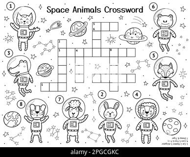 Espace animaux mots croisés puzzle avec de jolis personnages. Page d'activité en noir et blanc Illustration de Vecteur