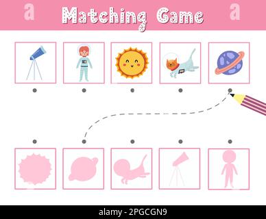 Trouvez le jeu d'ombre correspondant correct avec des personnages et des éléments d'espace mignons Illustration de Vecteur