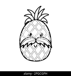 Mignon ananas noir et blanc avec moustache. Page de coloriage d'été pour les enfants Illustration de Vecteur