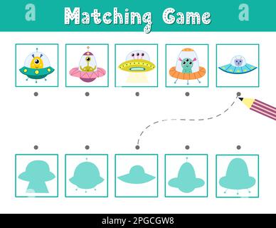 Trouvez le jeu d'ombre correspondant correct avec les extraterrestres mignons dans les soucoupes volantes Illustration de Vecteur