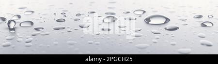 Image panoramique des gouttes d'eau sur fond blanc. Image parfaite du site Web. Bannière, en-tête. Salle de bains, cuisine concept Banque D'Images
