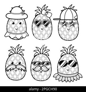 Ensemble ananas noir et blanc mignon. Page de coloriage pour les enfants avec des personnages d'ananas Illustration de Vecteur