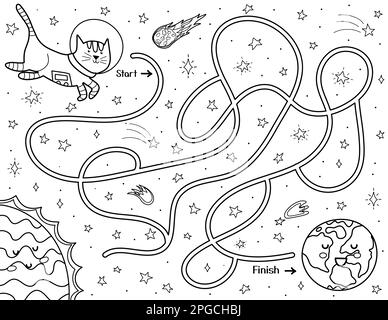 Aidez un astronaute de chat mignon à trouver un chemin vers la Terre. Labyrinthe d'espace noir et blanc pour les enfants Illustration de Vecteur