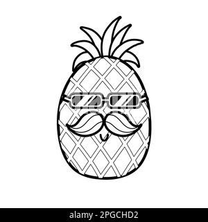 Mignon ananas noir et blanc avec moustache et lunettes de soleil Illustration de Vecteur