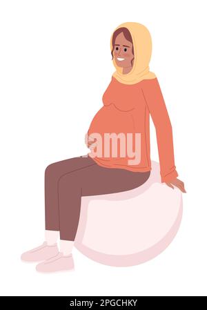 Femme enceinte souriante assise sur une balle d'exercice semi-plate couleur vecteur caractère Illustration de Vecteur