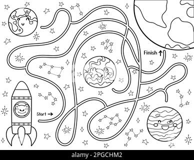 Aidez la jolie grenouille dans une fusée à trouver un chemin vers la planète Terre. Labyrinthe d'espace noir et blanc pour les enfants Illustration de Vecteur