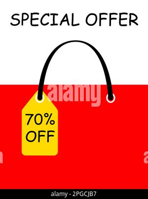 Étiquette de remise d'offre spéciale avec pourcentage de vente. Étiquette de vente sur un sac à provisions 70 % de rabais sur l'illustration vectorielle de prix isolée sur blanc Illustration de Vecteur