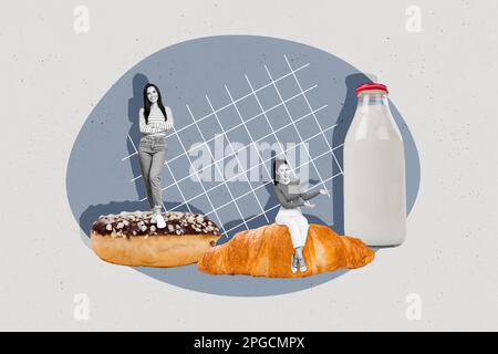 Portrait de collage créatif de deux mini-positif noir blanc couleurs filles montrant un énorme bouteille de verre lait croissant donut glacé Banque D'Images