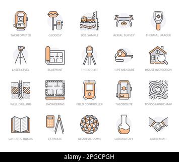 Icônes de ligne plate Geodesy. Équipement de génie géodésique, tacheomètre, théodolite, trépied. Illustration du vecteur de recherche géologique. Construction Illustration de Vecteur