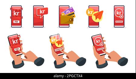Services bancaires mobiles en ligne avec Norwegian Krone Money Illustration de Vecteur