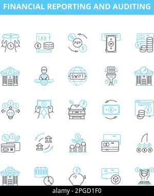 Ensemble d'icônes de ligne vectorielle de reporting et d'audit financiers. Vérification, Finances, Rapports, Finances, États financiers, Enregistrements, analyse du contour de l'illustration Illustration de Vecteur