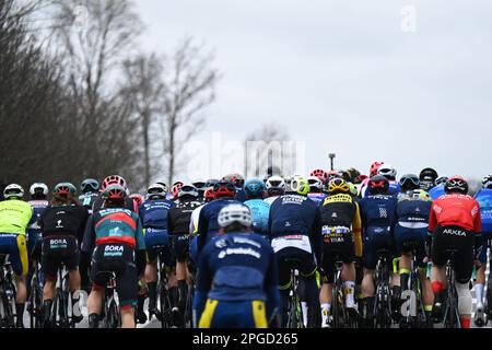 De panne, Belgique. 22nd mars 2023. Le pack de cavaliers photographiés en action lors de la course d'élite masculine de la course cycliste d'une journée 'Classic Brugge-de panne', 207,4km de Brugge à de panne, mercredi 22 mars 2023. BELGA PHOTO DIRK WAEM crédit: Belga News Agency/Alay Live News Banque D'Images