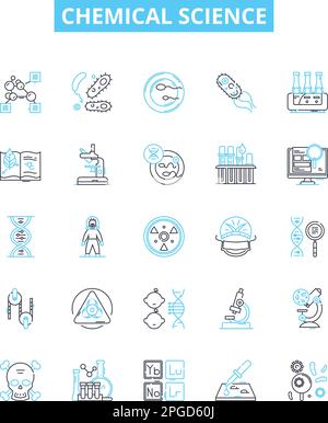 Jeu d'icônes de lignes vectorielles pour les sciences chimiques. Chimie, molécules, réactifs, composés, éléments, les atomes, les formules d'illustration présentent les symboles de concept et Illustration de Vecteur