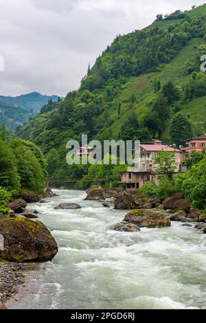 Vue sur le centre de Camlihembin avec Firtina Stream à Rize, Turquie. Beau paysage de la nature. Banque D'Images