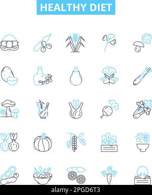 Ensemble d'icônes de la ligne de vecteur de régime sain. Alimentation, saine, Nutrition, fruits, légumes, Wholefoods, illustration allégée, présentent les symboles et les panneaux de concept Illustration de Vecteur