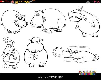 Dessin animé noir et blanc illustration humoristique de l'animal hippos personnages ensemble de coloriage page Illustration de Vecteur