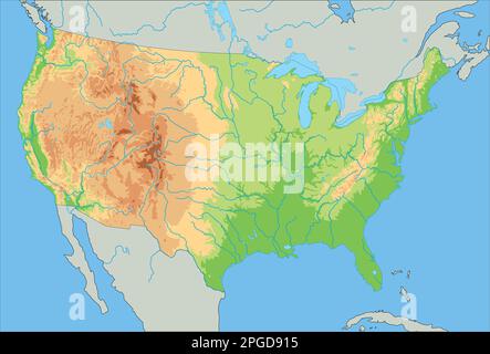 Carte physique détaillée des États-Unis d'Amérique. Illustration de Vecteur