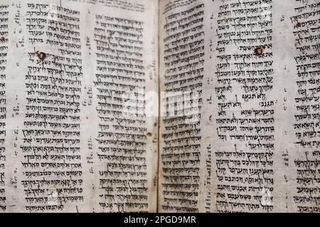 Tel Aviv, Israël. 22nd mars 2023. Le Musée du peuple juif expose le Codex Sassoon quelques semaines avant qu'il ne soit mis aux enchères par Sotheby's à New York et devrait vendre plus de $30 millions. Le codex est l'un des plus anciens manuscrits bibliques, un parchemin de 1 100 ans lié au cuir, manuscrit, de 792 pages contenant presque la Bible hébraïque complète, le Tanakh. La datation au radiocarbone estime la date de création de 880 à 960 et le style d'écriture suggère un scribe du début du 10th siècle dans le Levant. Il tire son nom de son propriétaire de 1929 - David Solomon Sassoon, un busi juif Banque D'Images