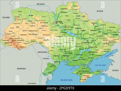 Carte physique de l'Ukraine très détaillée avec étiquetage. Illustration de Vecteur