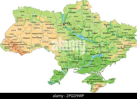 Carte physique de l'Ukraine très détaillée avec étiquetage. Illustration de Vecteur