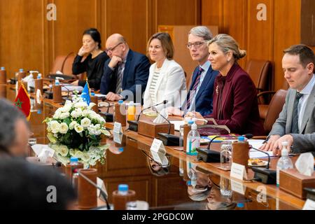 Rabat, Maroc. 22nd mars 2023. Reine Maxima des pays-Bas à Rabat, on 22 mars 2023, à la Banque Al-Maghib, pour une visite en sa qualité d'avocat spécial auprès du Secrétaire général de l'Organisation des Nations Unies pour le financement inclusif pour le développement crédit: Albert Nieboer/Netherlands OUT/point de vue OUT/dpa/Alay Live News Banque D'Images