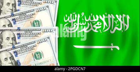 Dollars sur le drapeau de l'Arabie saoudite, financement de l'Arabie Saoudite, subventions, soutien social, concept de PIB Banque D'Images