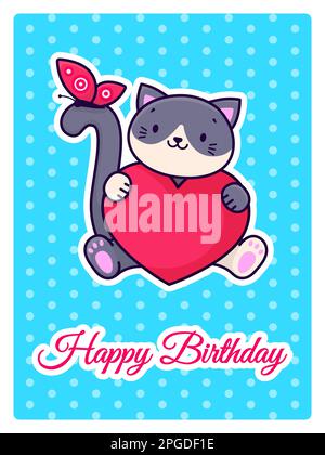 Un chat mignon tient un coeur dans ses pattes. Carte d'anniversaire. Motif animal de bande dessinée. Illustration vectorielle. Illustration de Vecteur