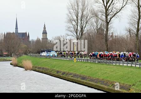 De panne, Belgique. 22nd mars 2023. Le pack de cavaliers photographiés en action lors de la course d'élite masculine de la course cycliste d'une journée 'Classic Brugge-de panne', 207,4km de Brugge à de panne, mercredi 22 mars 2023. BELGA PHOTO DIRK WAEM crédit: Belga News Agency/Alay Live News Banque D'Images