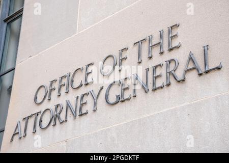 Washington, DC, US-10 février 2023 : signer au bureau du procureur général à Washington, DC. Banque D'Images