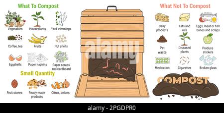 Infographie de bac de compostage de jardin avec des débris. Quoi à compost ou non. Pas de gaspillage de nourriture. Recyclage des déchets organiques, compost. Vie durable, zer Illustration de Vecteur