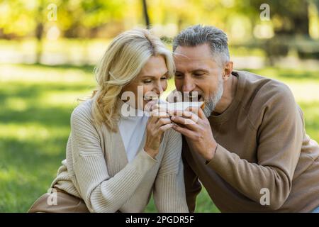 couple d'âge moyen joyeux mangeant un sandwich des deux côtés et souriant pendant le pique-nique dans le parc, image de stock Banque D'Images