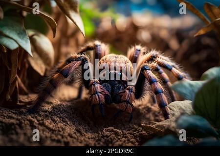 L'araignée Tarantula se rapproche en terrarium. Maison enclos d'animaux de compagnie créepy brun exotique dangereux prédateur objet de zoologie macro Banque D'Images