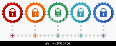 Cadenas, jeu d'icônes de vecteur de sécurité, modèle d'infographie coloré, jeu d'icônes de badge de conception plate dans 5 options de couleurs Illustration de Vecteur