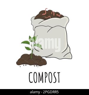 Engrais biologique de jardin avec sprout. Tas de compost prêt dans un sac avec des vers. Recyclage des déchets organiques. Concept de vie durable. Vecteur dessiné à la main i Illustration de Vecteur