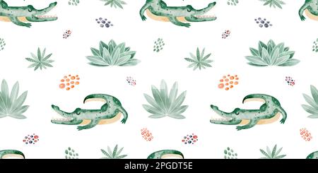 Animaux d'Afrique sans couture avec feuilles tropicales. Motif aquarelle sans couture. Design d'emballage, affiche, tissus, papier numérique, sublimation. Banque D'Images