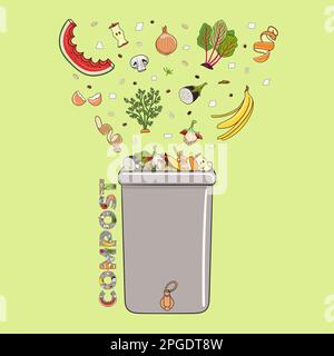 Bac de compostage avec des restes de cuisine, des fruits et des légumes. Pas de gaspillage de nourriture. Recyclage des déchets organiques, compost. Vie durable, zéro déchet co Illustration de Vecteur