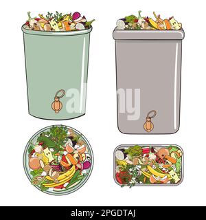 Ensemble de bacs de compostage avec des restes de cuisine, des fruits et des légumes. Pas de gaspillage de nourriture. Recyclage des déchets organiques, compost. Vie durable, zéro déchet co Illustration de Vecteur