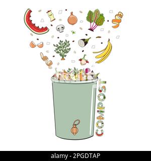 Bac de compostage avec des restes de cuisine, des fruits et des légumes. Pas de gaspillage de nourriture. Recyclage des déchets organiques, compost. Vie durable, zéro déchet co Illustration de Vecteur