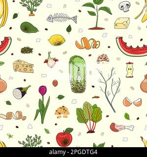 Motif sans couture avec déchets organiques. Restes, produits gâtés, restes de cuisine, fruits, légumes. Agriculture et agriculture. Compostage à la maison et zéro Illustration de Vecteur