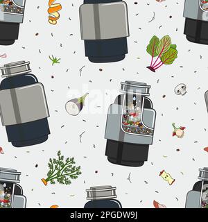 Motif sans couture avec éliminateur de déchets alimentaires pour évier de cuisine avec grattoir et restes de cuisine. Recyclage des déchets organiques. Vie durable, zéro gaspillage Illustration de Vecteur