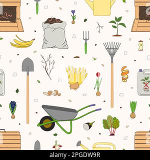 Motif sans couture avec déchets organiques et outils de jardin. Grattoir de cuisine, composteur, sac avec compost. Agriculture et agriculture. Compostage à la maison et zéro Illustration de Vecteur